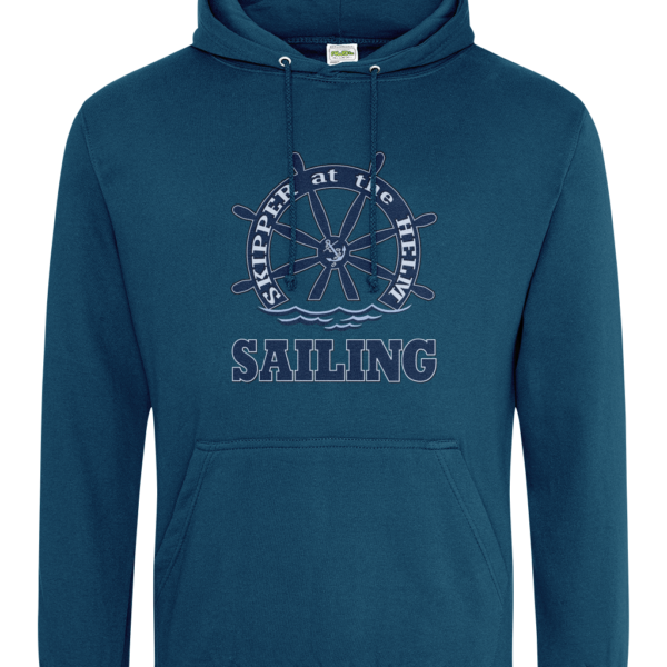 Skipper at the Helm Sailing College Hoodie Deep Sea Blue